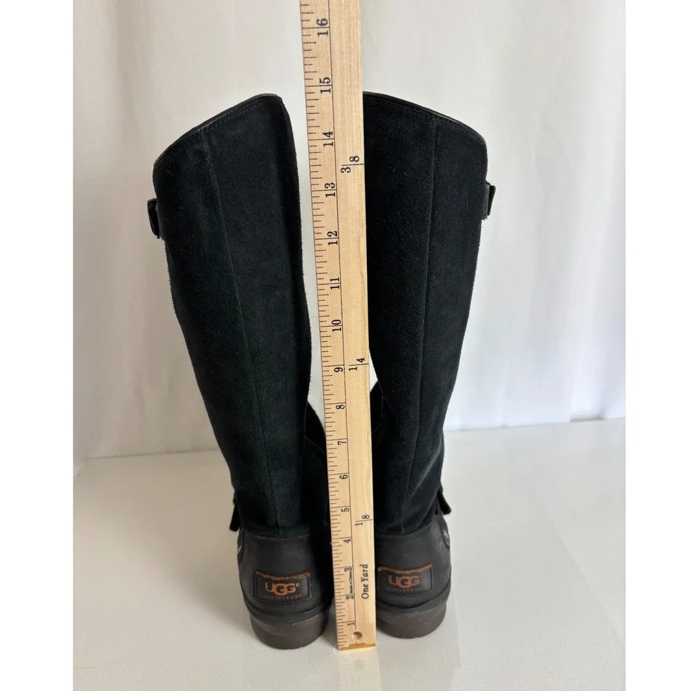 UGG Elsa Waterproof Black Leather Suede Tall Boots Womens 8.5 Moto Equestrian
